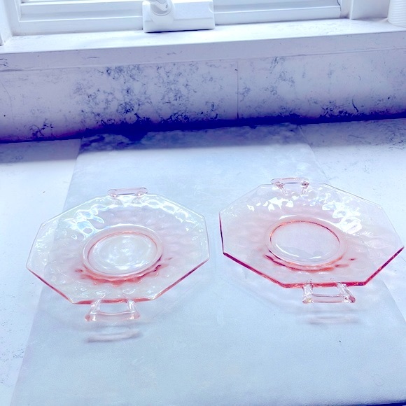 Pink Flamingo Depression Glass Cheese Plates Made by Heisey Matching Pair of 2 - Picture 9 of 10